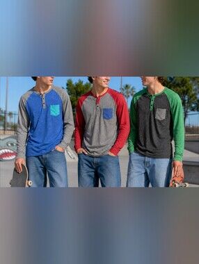 NWT Arizona Bundle of 3 Blue/Green/Red Gray Raglan Henley Pocket Tee XXL/XL Colo